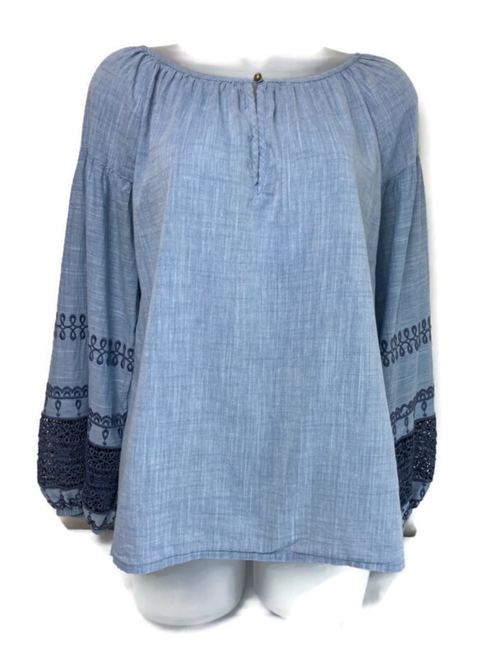 Elliott Lauren Chambray Embroidered Sleeve Detail Blouse EUC